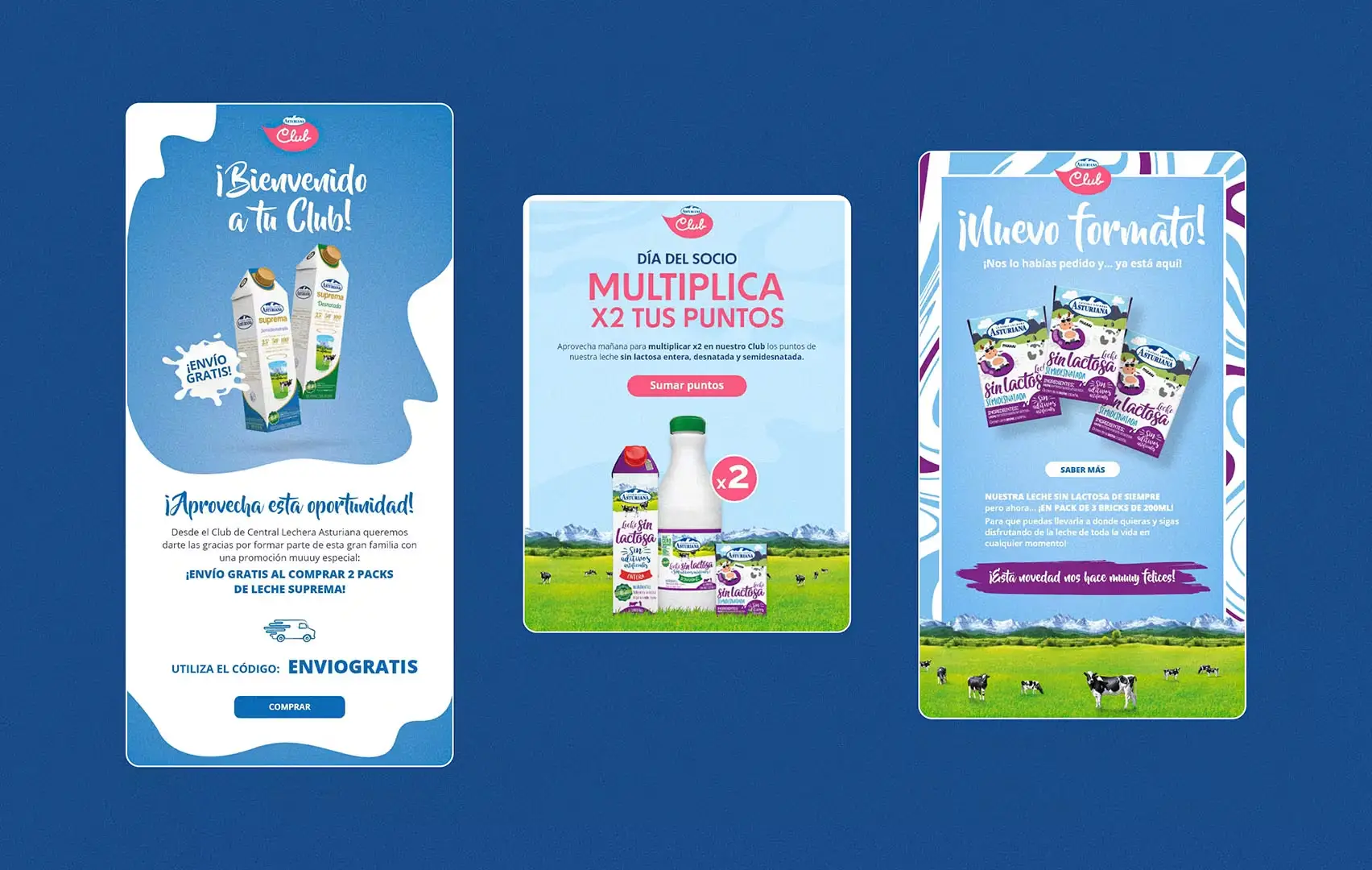 Representación de mockup de varios formatos de email de Central Lechera Asturiana