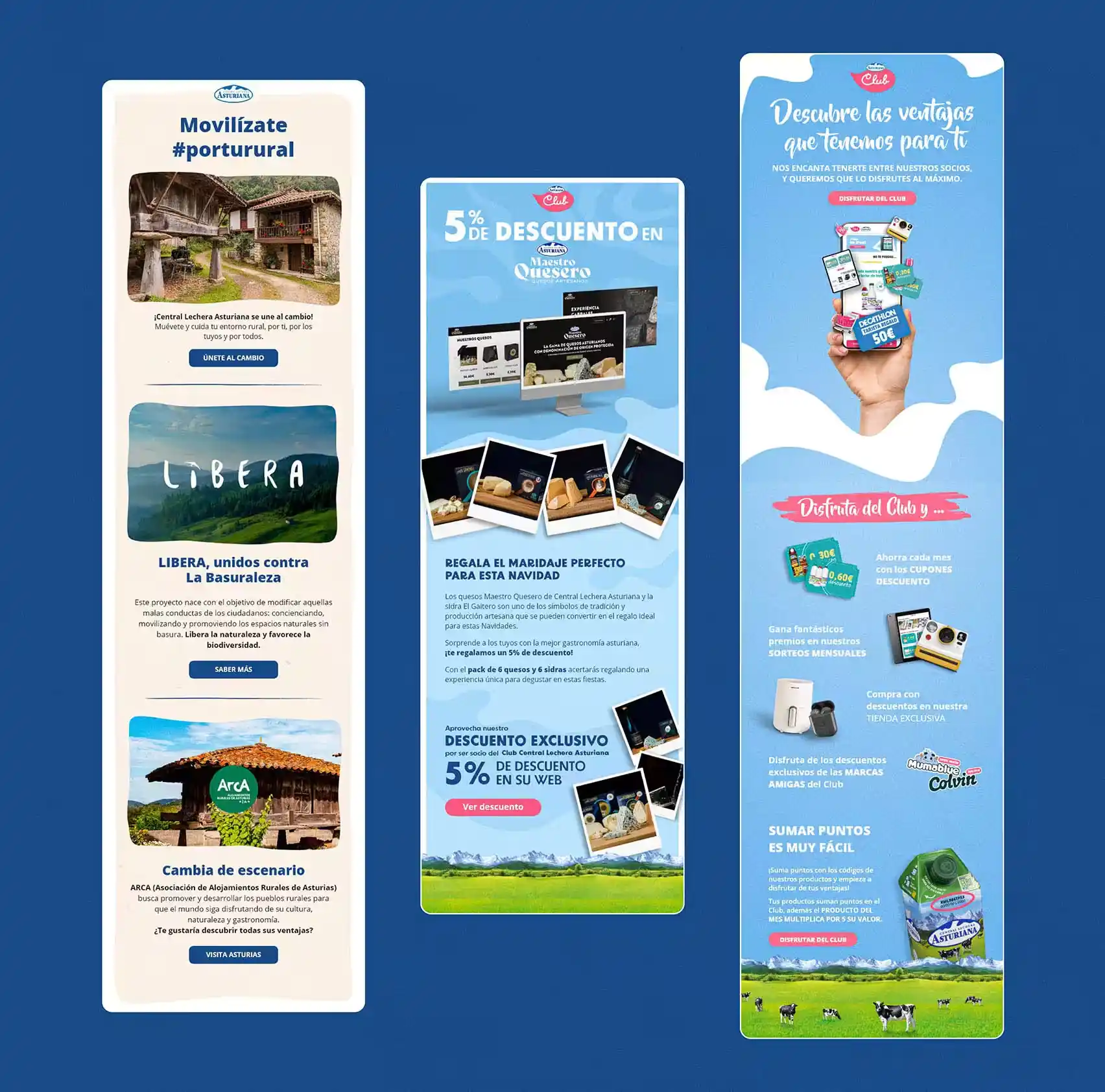Representación de mockup de varios formatos de email de Central Lechera Asturiana