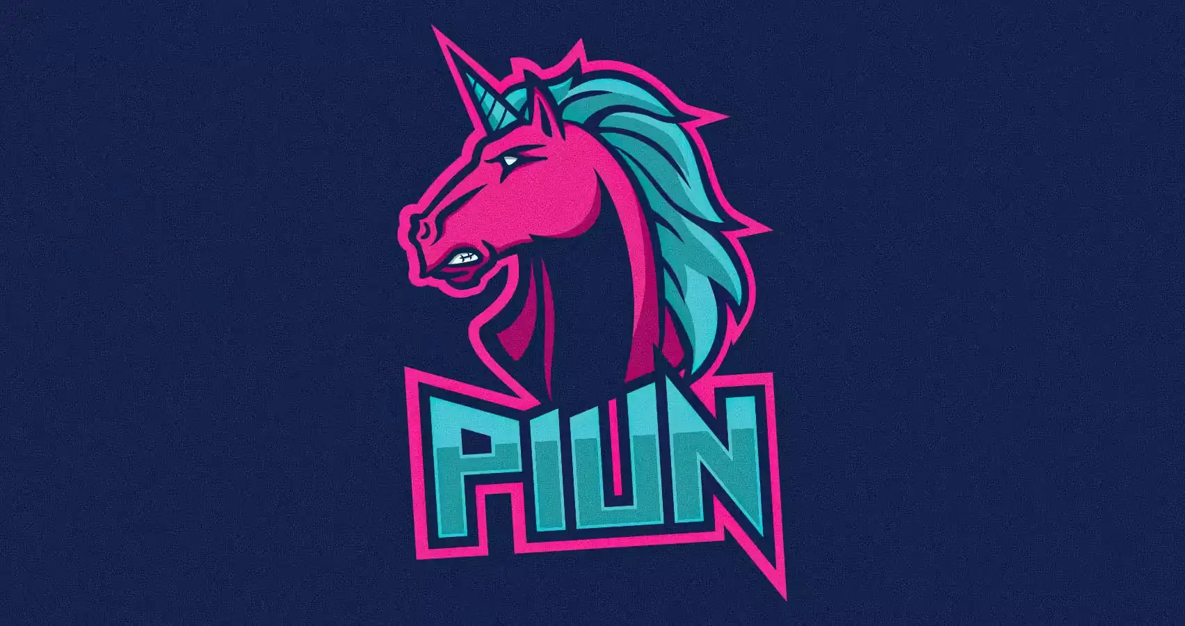 Unicornio enfadado, de color rosa, como imagotipo de Pink Unicorns, sobre fondo azul