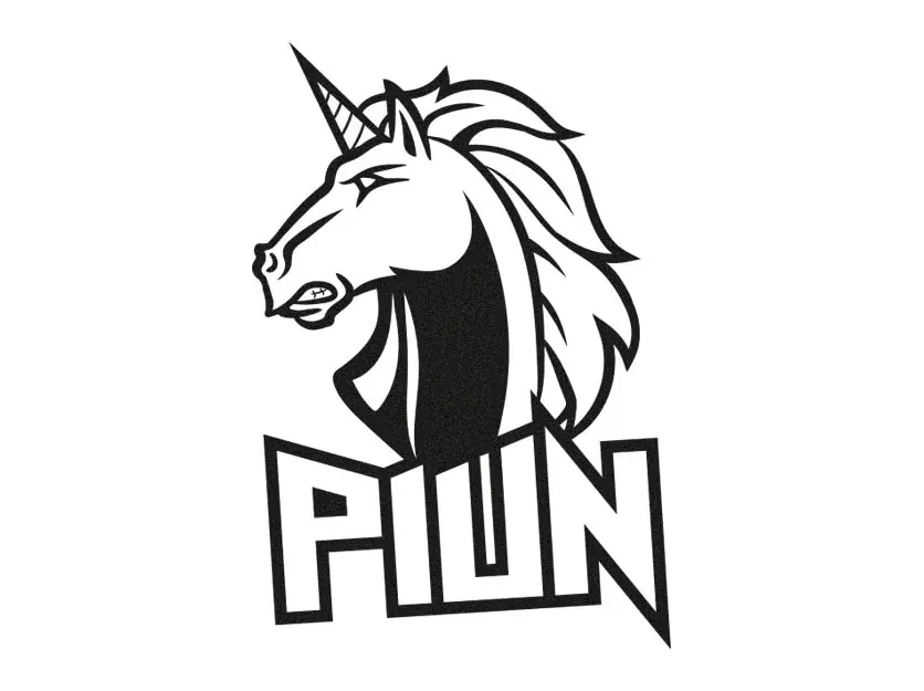 Unicornio enfadado, de color negro, como imagotipo de Pink Unicorns, sobre fondo blanco