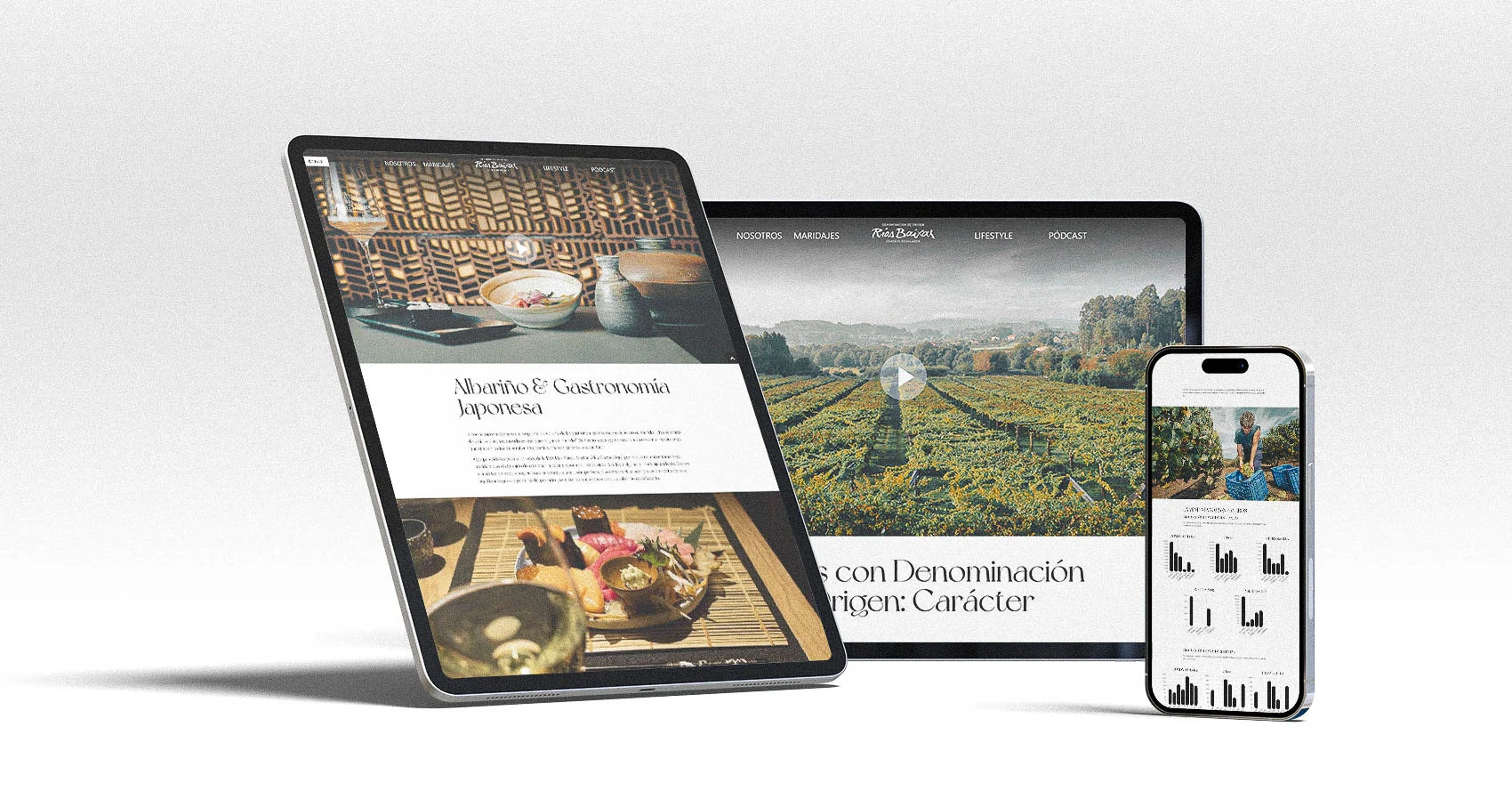 Mockup de varios dispositivos móviles que muestran el formato digital de la revista D.O. Rìas Baixas