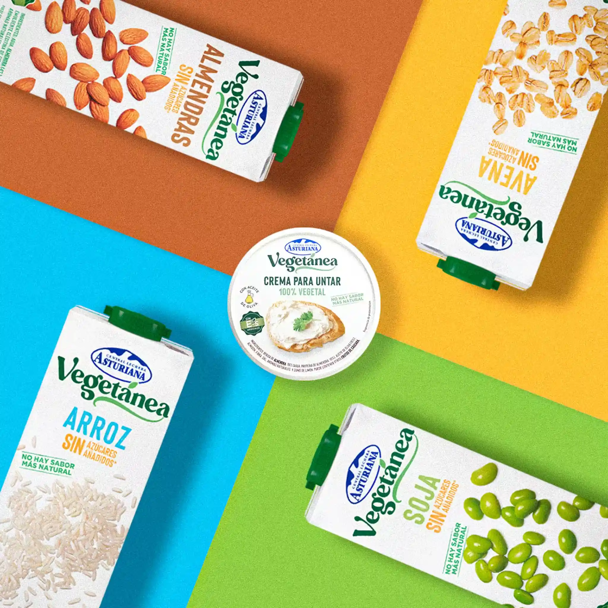 Cuatro productos de la lineae Vegetánea en circulo sobre un fondo de colores