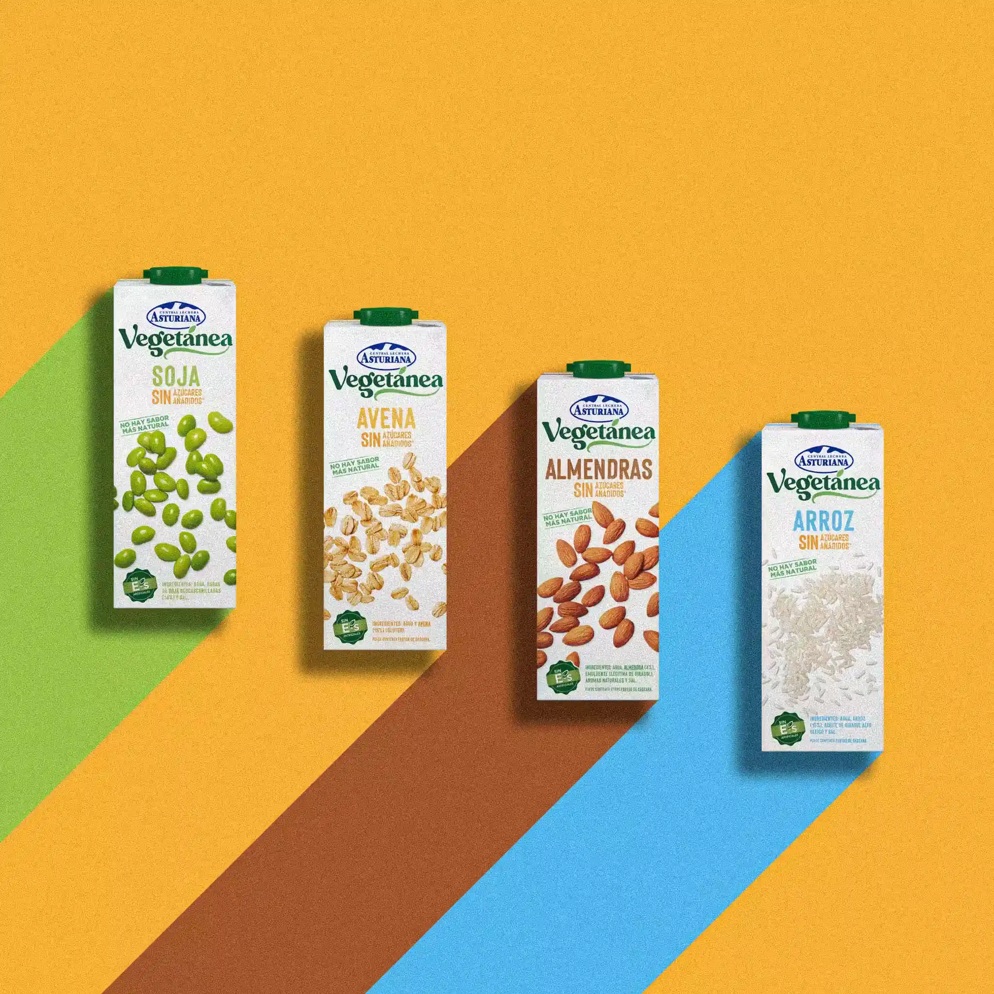 Cuatro productos de la linea Vegetánea sobre un fondo colorido